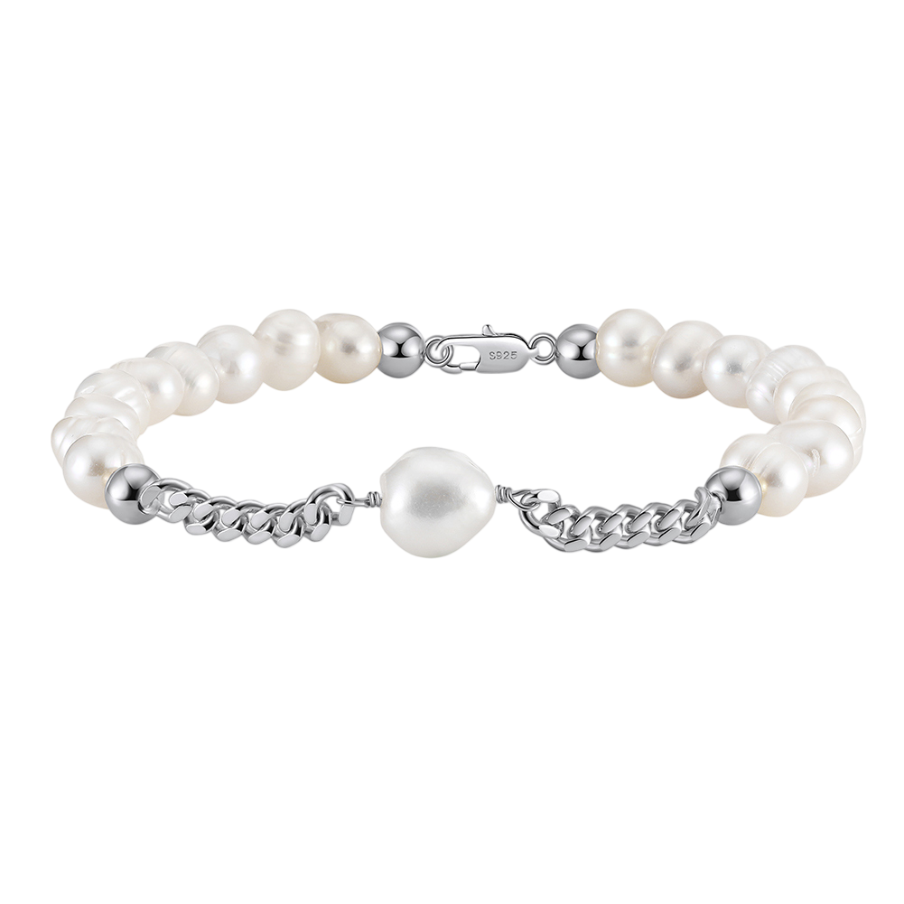 925 Sterling Silver Elegant Pearl and Sterling  Chain Bracelet with Teardrop Accent