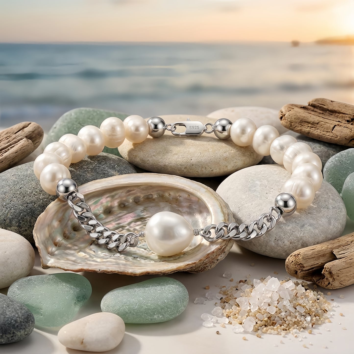 925 Sterling Silver Elegant Pearl and Sterling  Chain Bracelet with Teardrop Accent