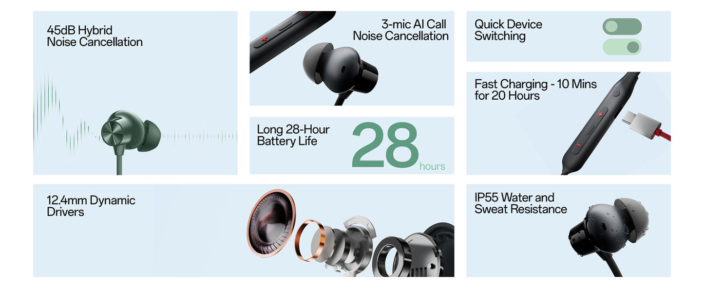 OnePlus Bullets Wireless Z2 ANC Bluetooth in Ear Earphones with Mic, 45dB Hybrid ANC, Bombastic Bass - 12.4 mm Drivers, 10 Mins Charge - 20 Hrs Music, 28 Hrs Battery