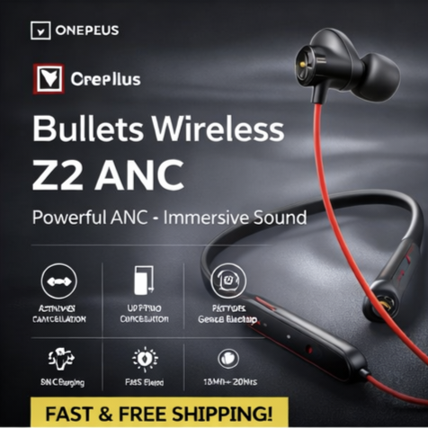 OnePlus Bullets Wireless Z2 ANC Bluetooth in Ear Earphones with Mic, 45dB Hybrid ANC, Bombastic Bass - 12.4 mm Drivers, 10 Mins Charge - 20 Hrs Music, 28 Hrs Battery