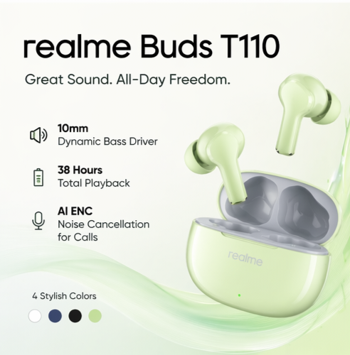 realme Buds T110 Bluetooth Truly Wireless in Ear Earbuds with mic, AI ENC for Calls, Google Fast Pair, 38 Hours Total Playback with Fast Charging and Low Latency Gaming Mode