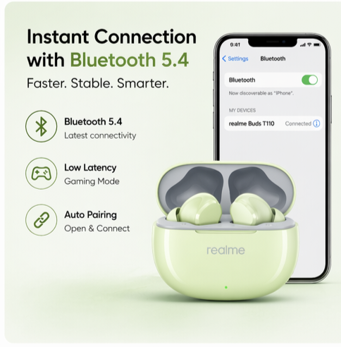 realme Buds T110 Bluetooth Truly Wireless in Ear Earbuds with mic, AI ENC for Calls, Google Fast Pair, 38 Hours Total Playback with Fast Charging and Low Latency Gaming Mode