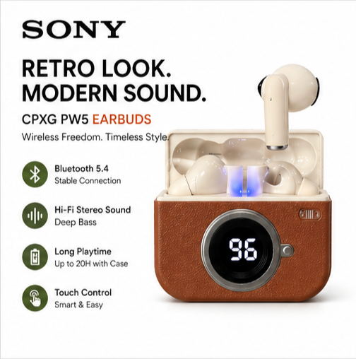 Retro Camera Design True Wireless Bluetooth Earbuds with LED Battery Display, Hi-Fi Sound, Comfortable Fit & Charging Case – Stylish TWS Earphones Best Gift