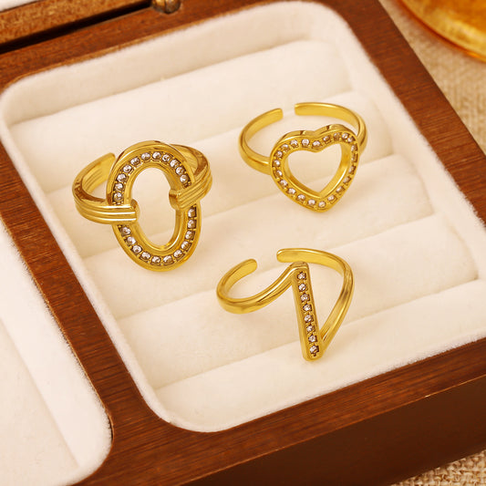 Stainless Steel Jewelry Irregular Rhinestone Inlaid Open Ring, Luxury Minimalist High-End Texture Fashion Adjustable Finger Ring For Women